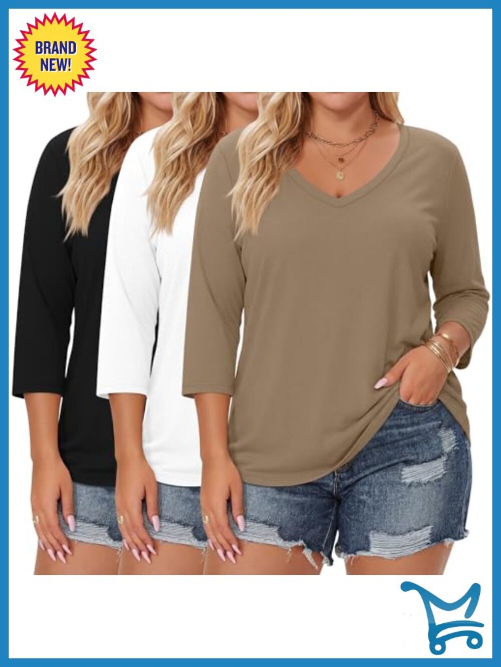 3 Pack Womens Plus Size V Neck 3/4 Sleeve Tops Loose Fit Tunic